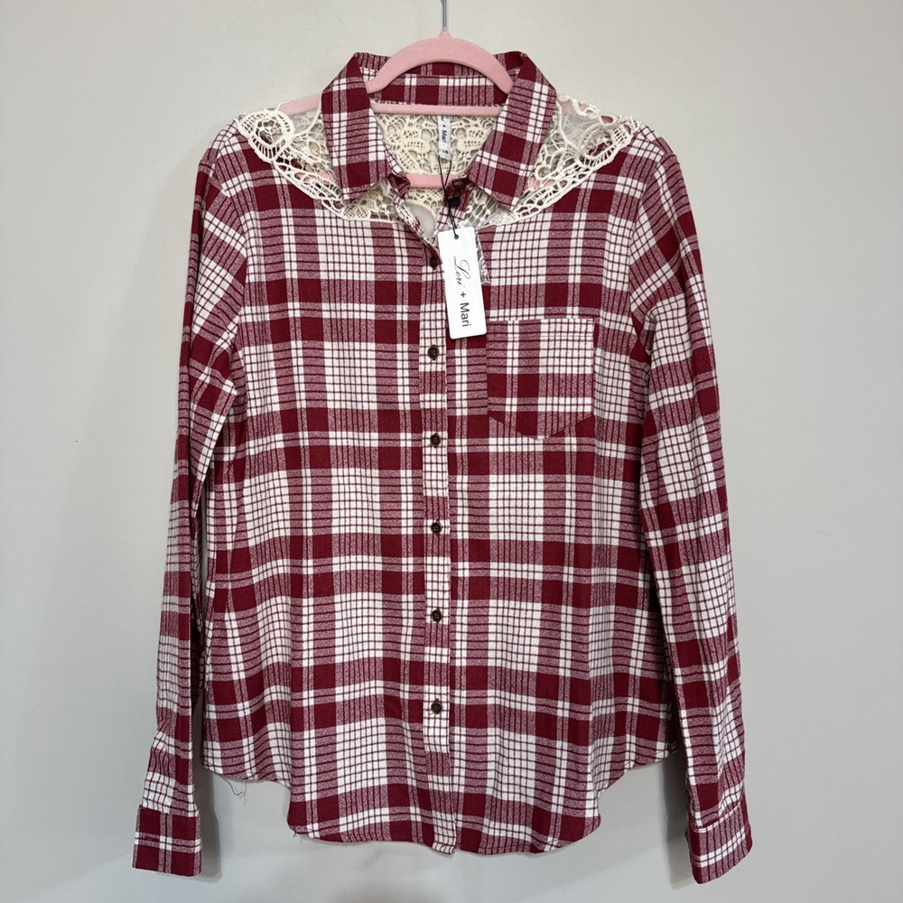 Lori + Mari Women's Size Large Red/White Plaid Long Sleeve Button Down Shirt